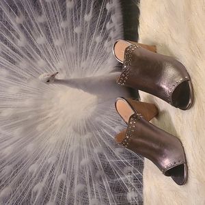 Linea Paolo Penny L Pewter Metallic Studs Leather Cone Heel Mule Sandals Sz 9